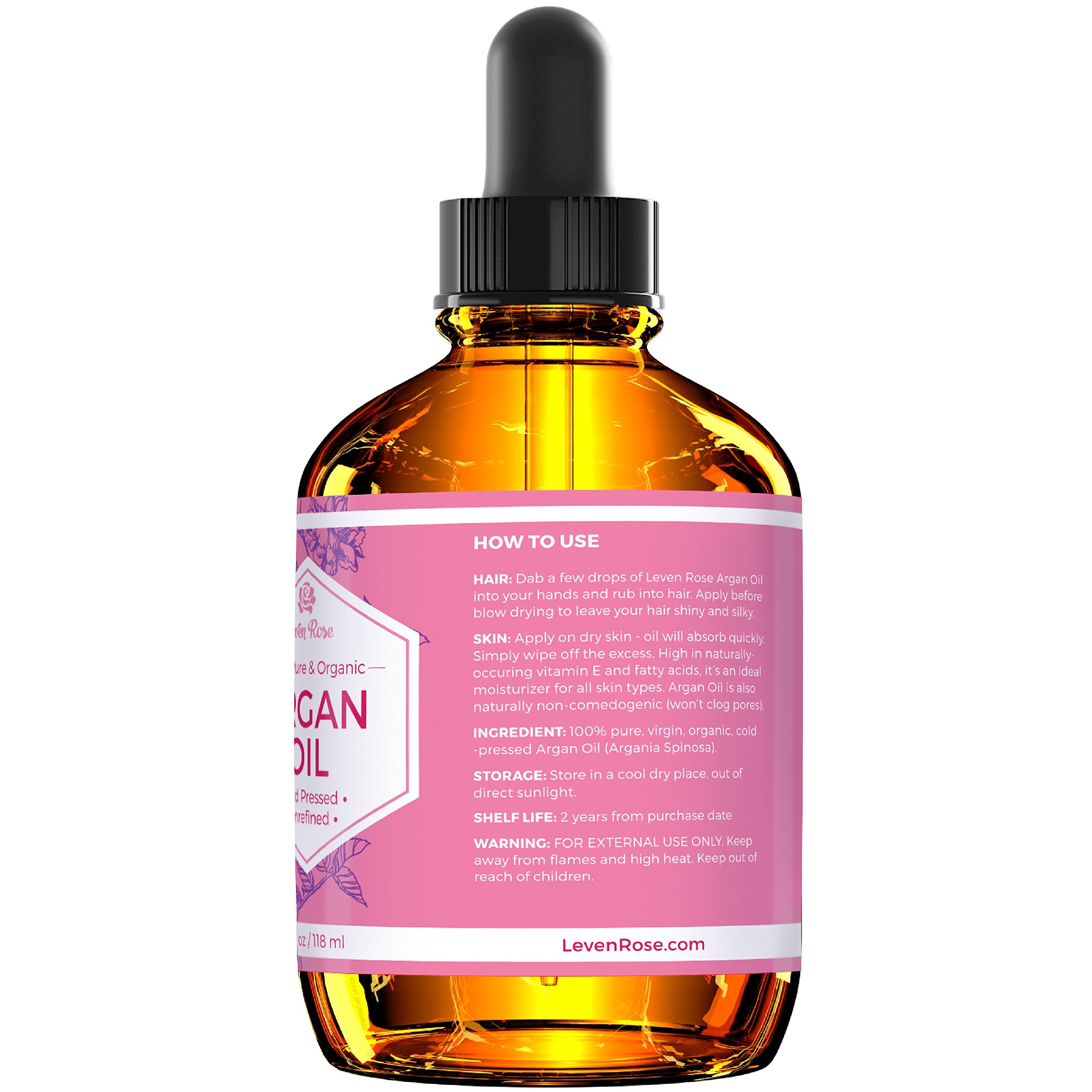 Leven Rose Argan Oil for Face, Hair and Skin - 4 oz 100% Pure Moroccan Cold-Pressed Organic